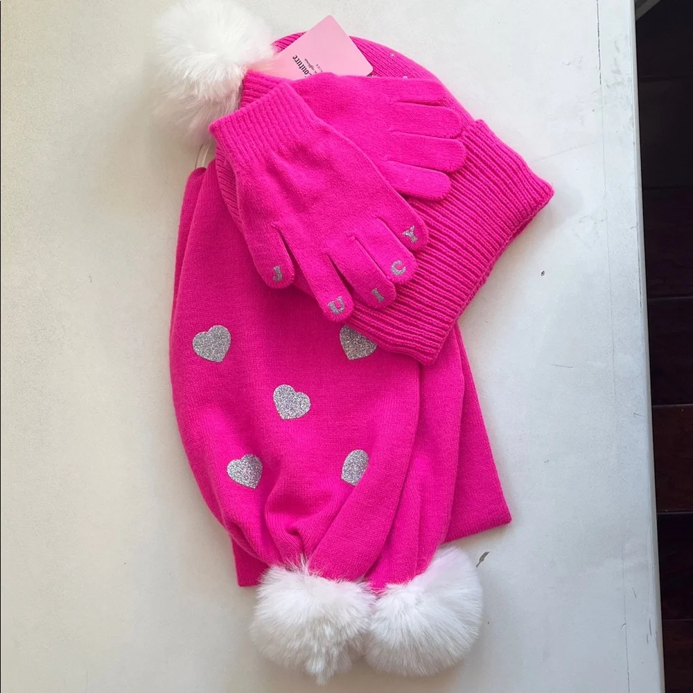 Juicy Couture Pink and Silver Kids Hat, scarf, and Glove Set
